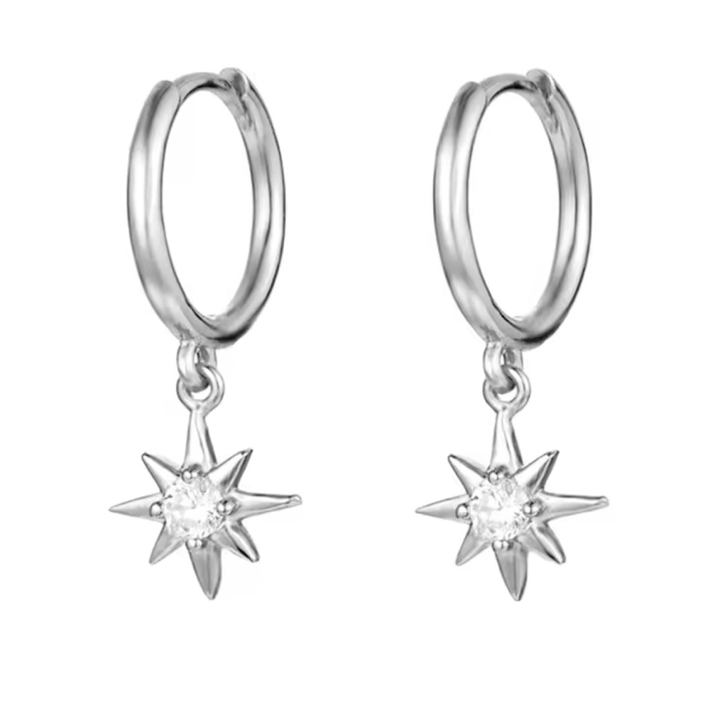 Sterling Silver Starburst Hoop Drop Earrings - Silver